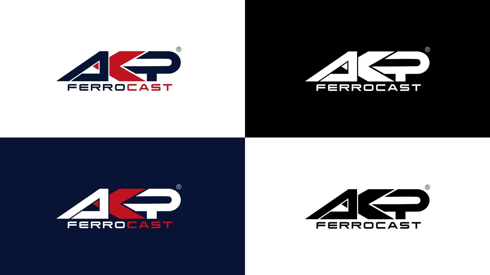 AKP Ferrocast logo on white, black, navy and reversed backgrounds
