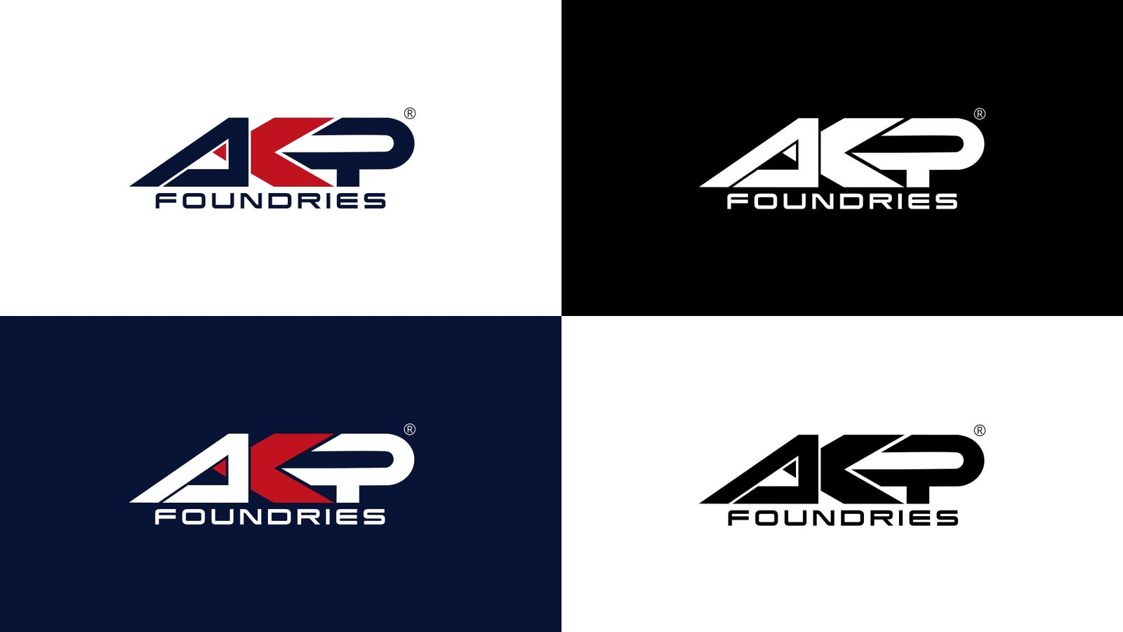 AKP Foundries logo on white, black, navy and reversed backgrounds