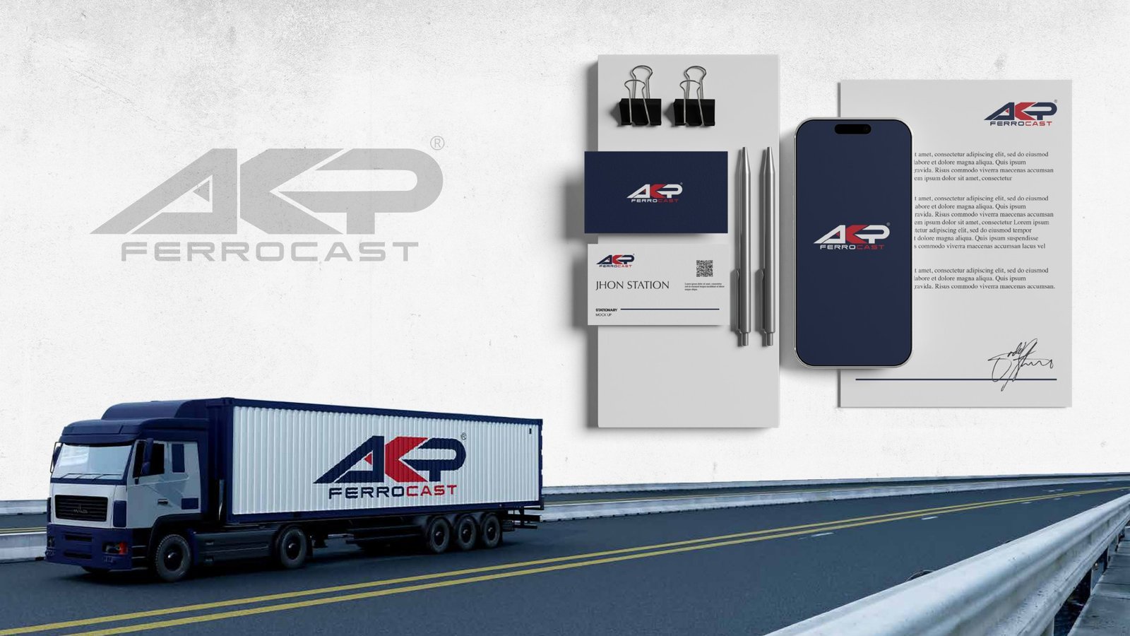 AKP Ferrocast stationery, business card and fleet livery mockup