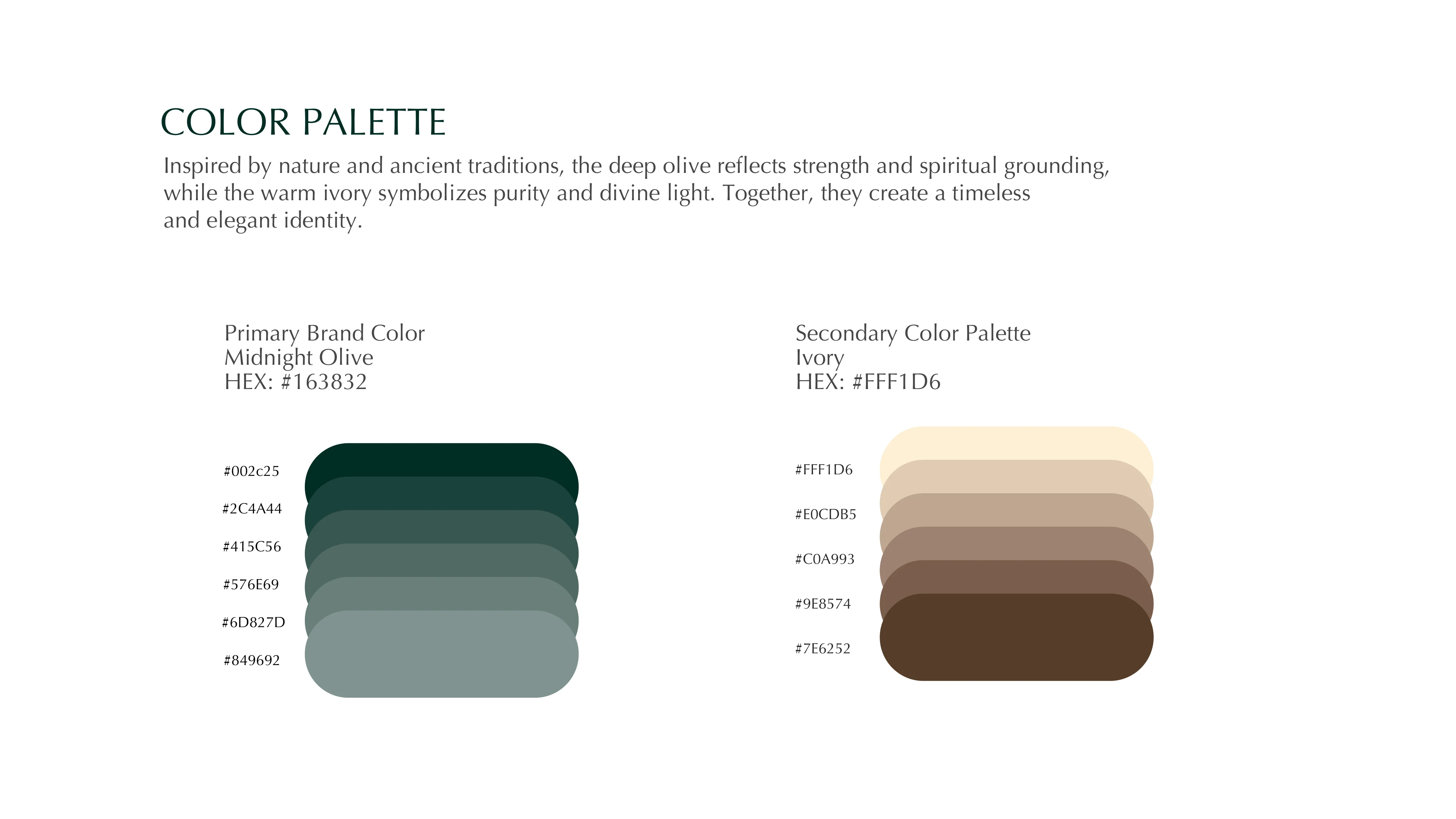 Yali Rudraksha color palette swatches - Midnight Olive #163832 and Ivory #FFF1D6