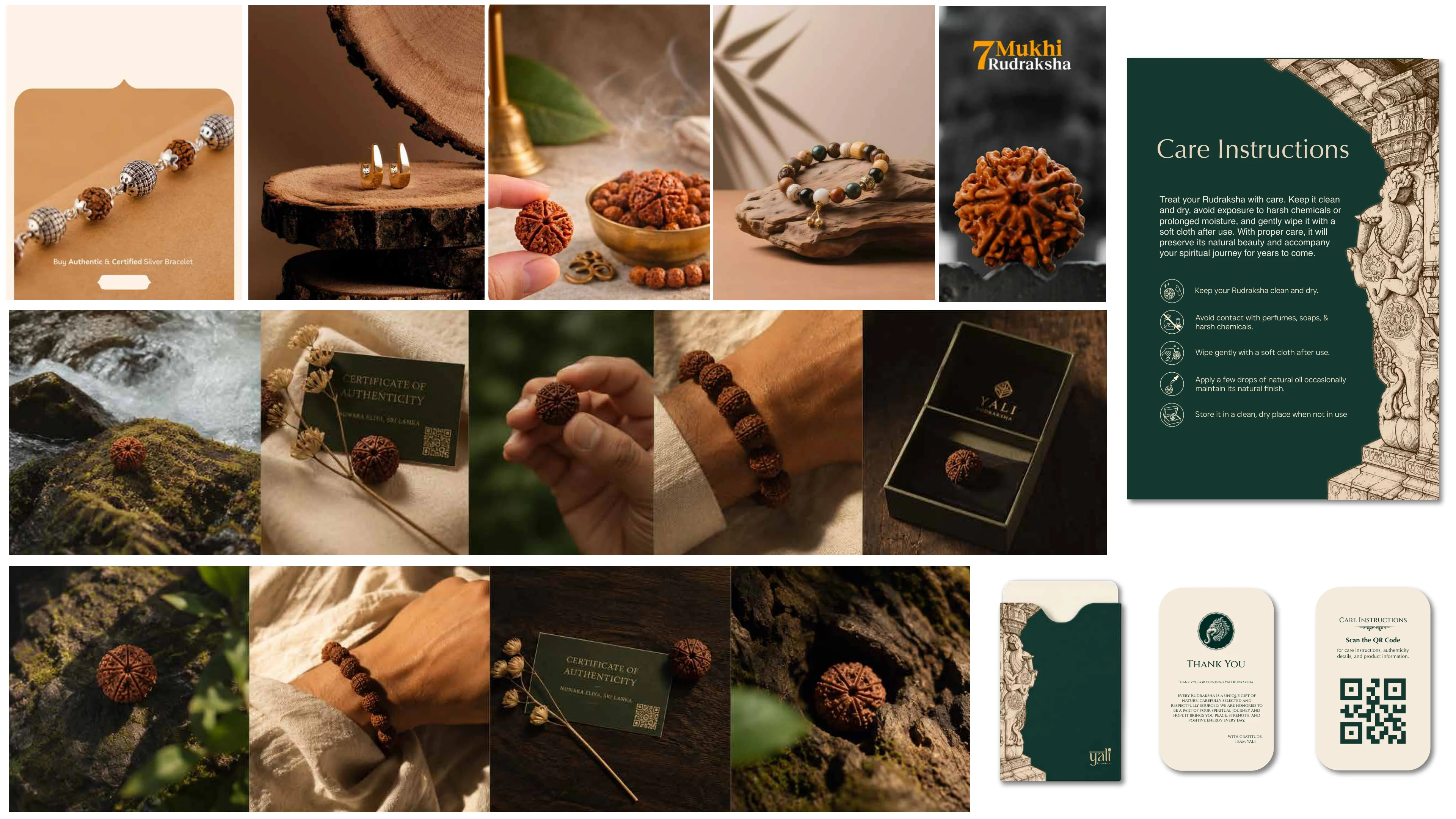 Yali Rudraksha product photography, certificate of authenticity, and care instructions card