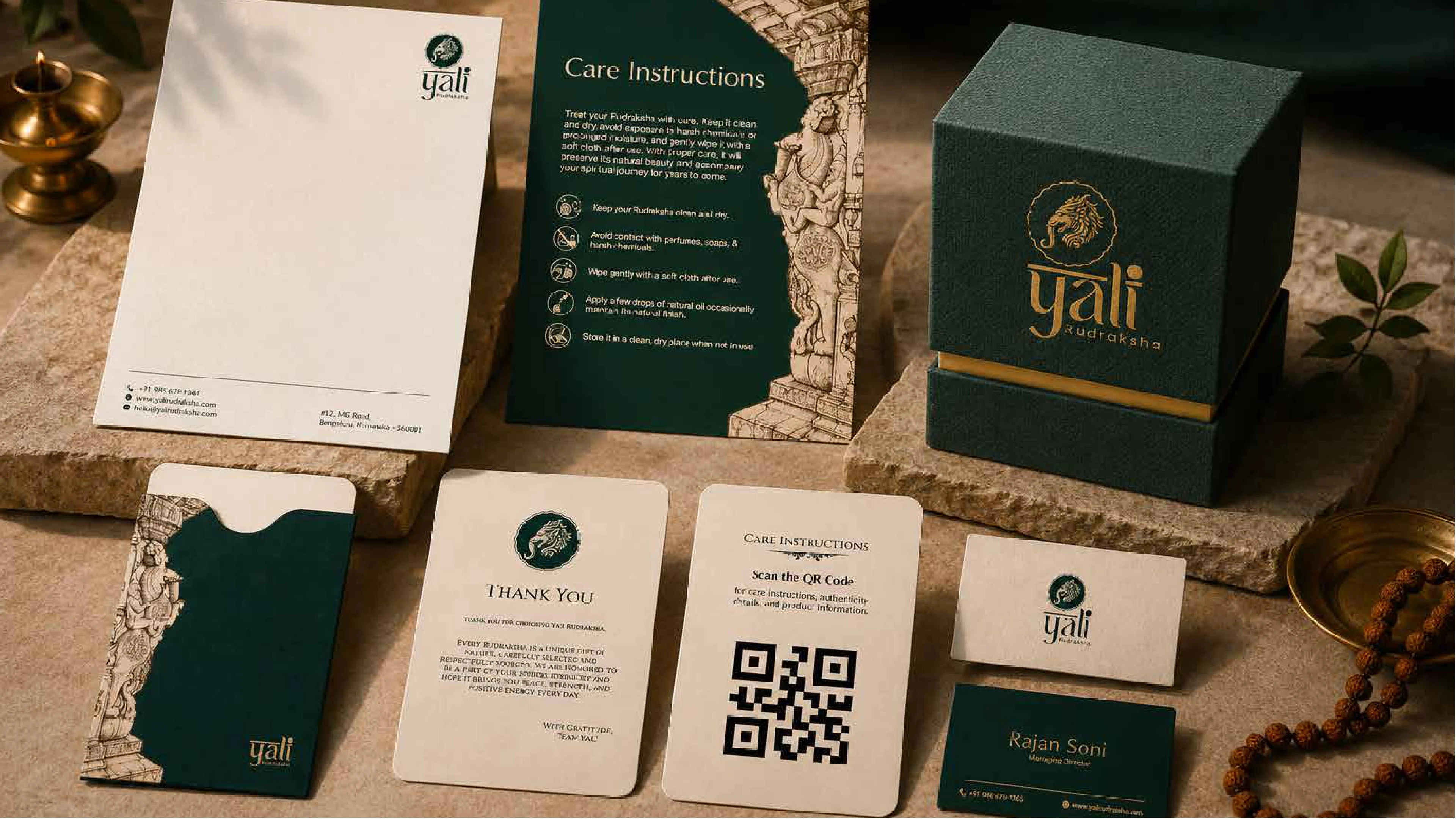 Yali Rudraksha stationery and packaging suite - letterhead, care card, box, thank you card, business card